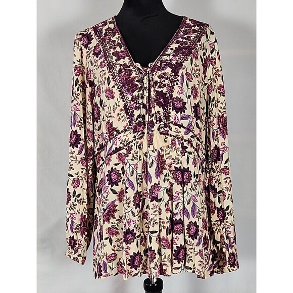 Torrid Challis Floral Tan Textured Embroidered Lace-Up Front Top 2X - Picture 1 of 12